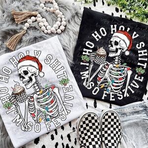 Festive Skeleton Holiday T-Shirt Ash Grey or Black Small-3X